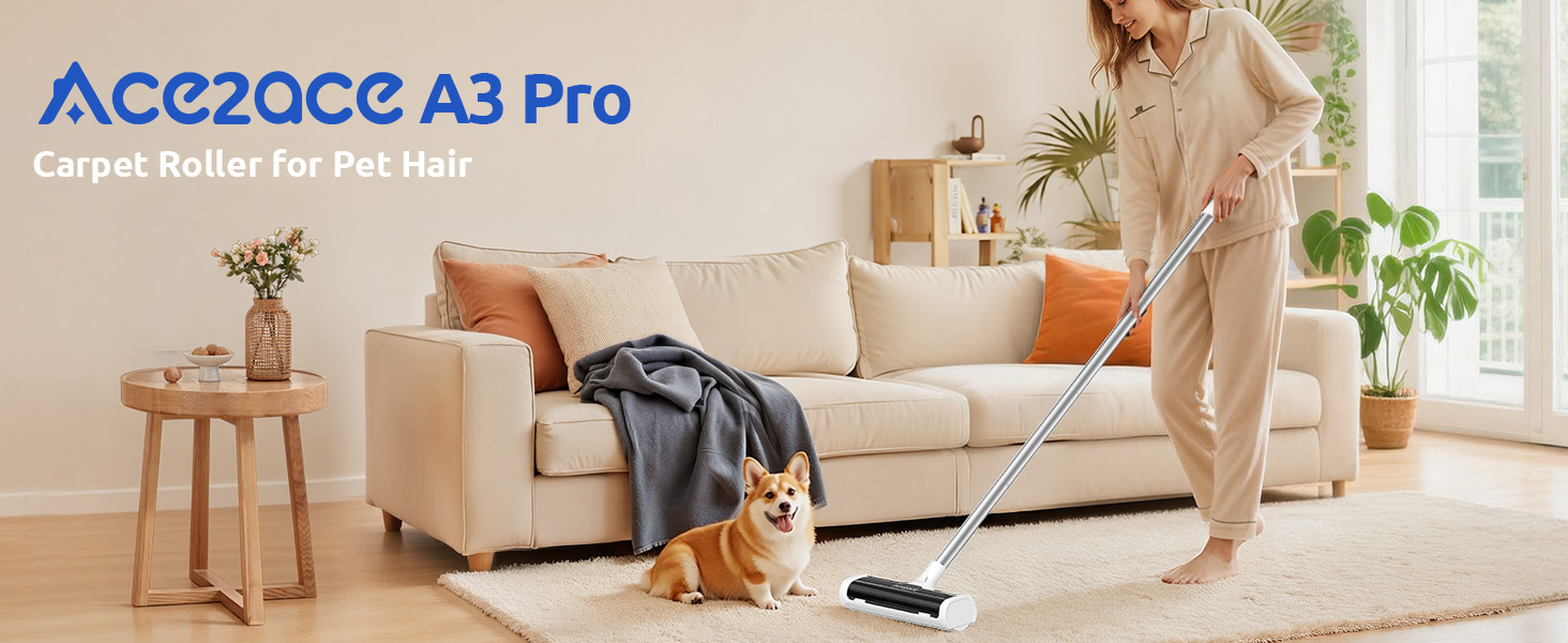 Standing upright on the carpet, effortlessly removing pet hair while a happy Shiba Inu lies nearby.