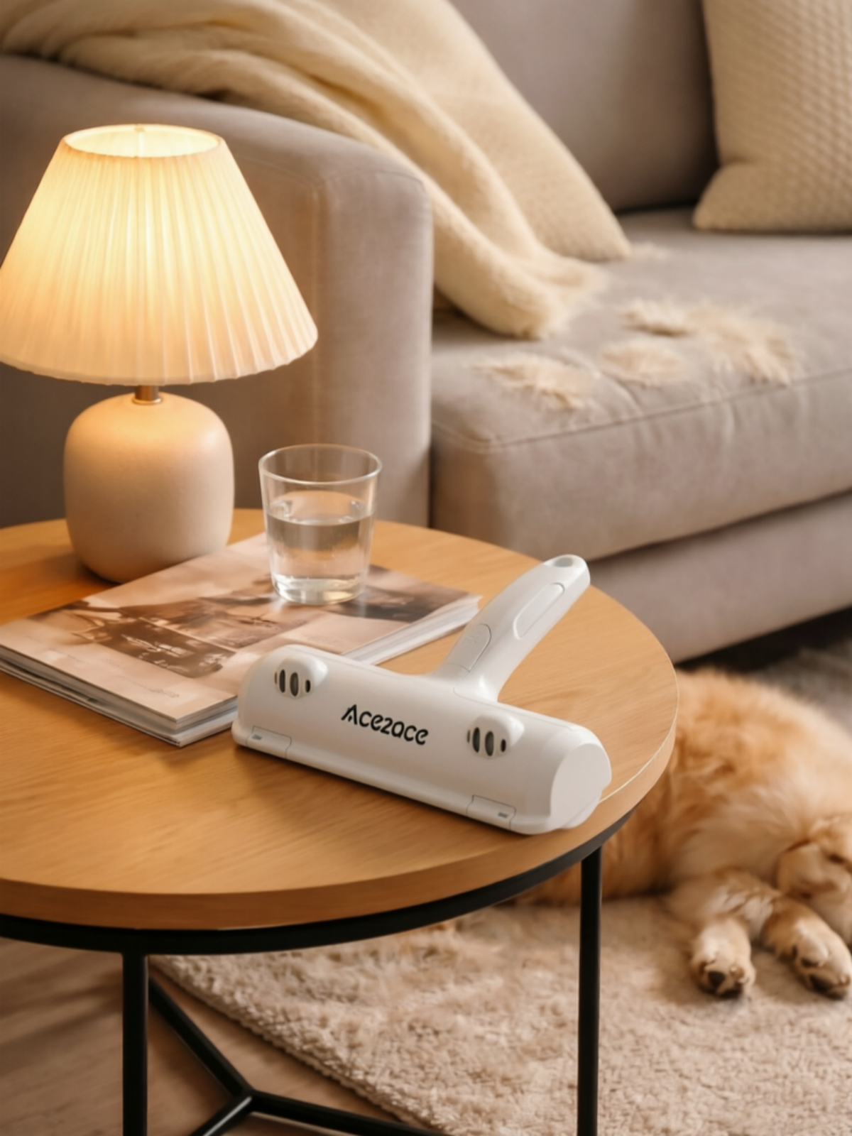 The ACE2ACE pet hair remover roller placed on a living room coffee table