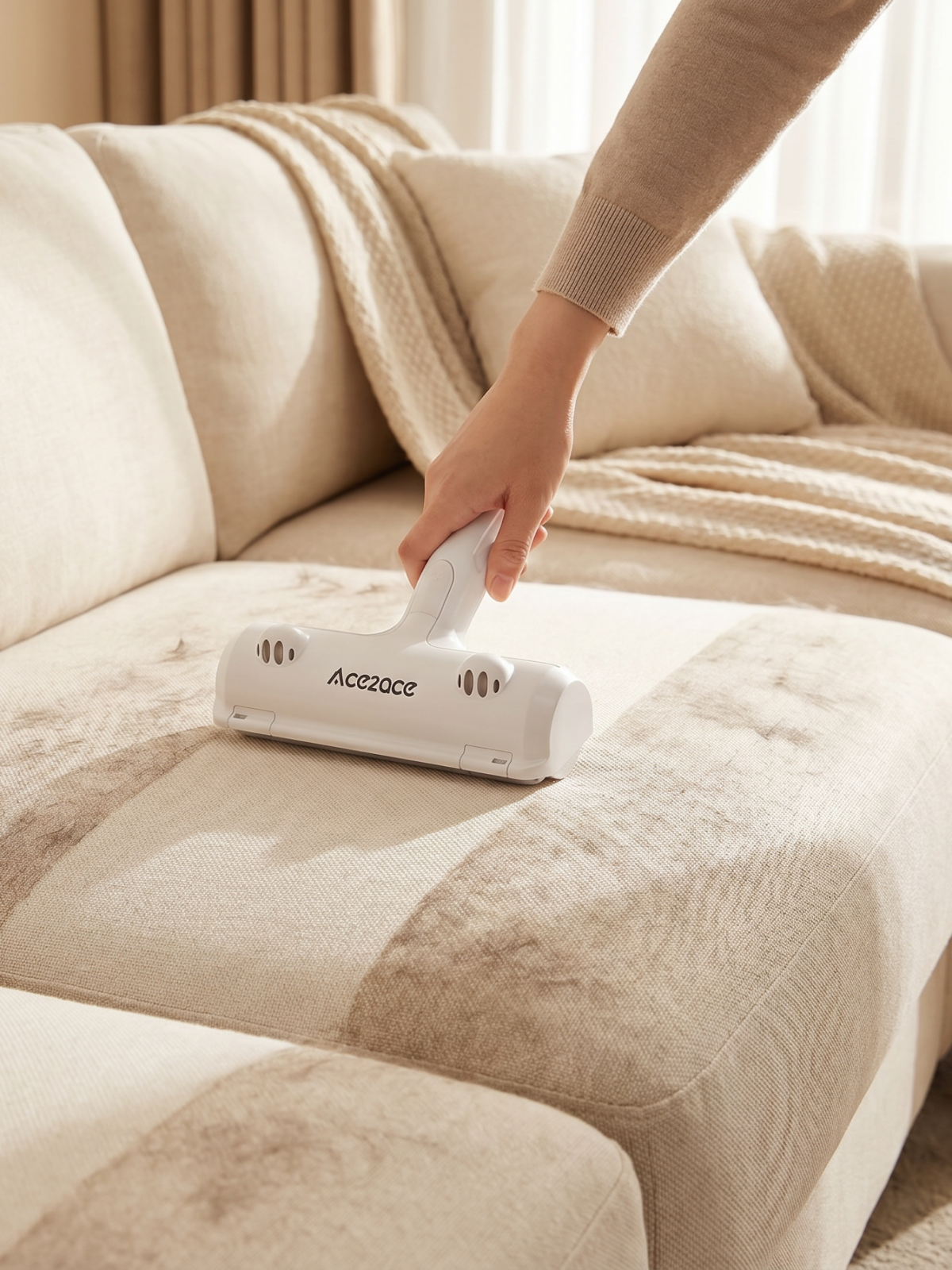 Holding the ACE2ACE pet hair remover while cleaning up pet fur.