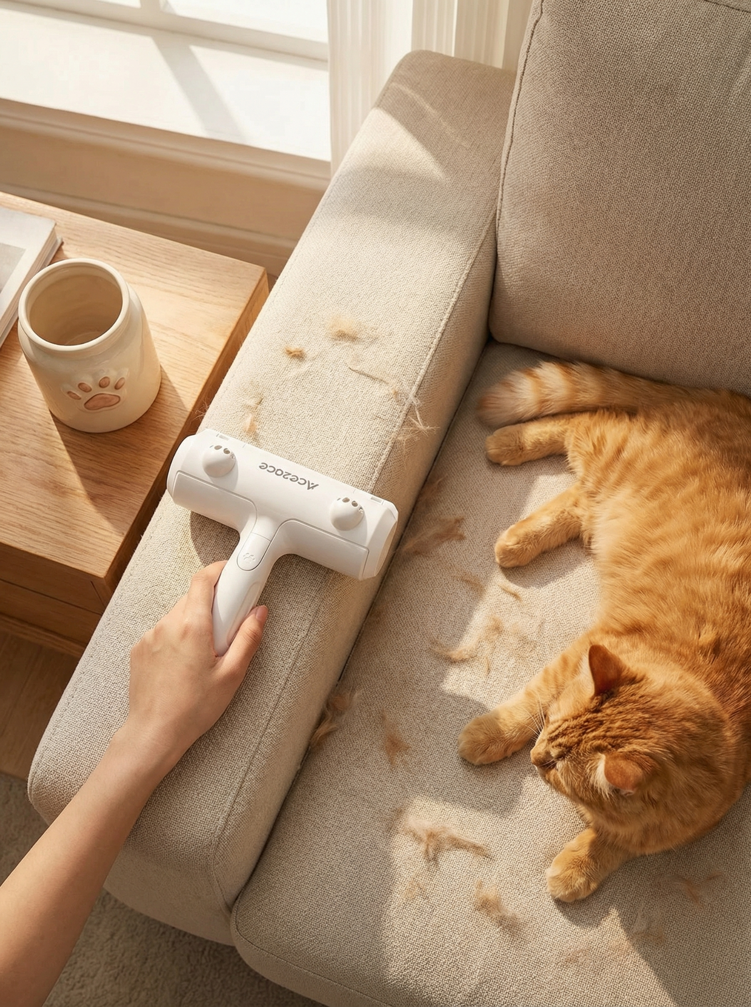 A cat is quietly lying on the sofa while someone uses a pet hair remover to clean fur off the upholstery.