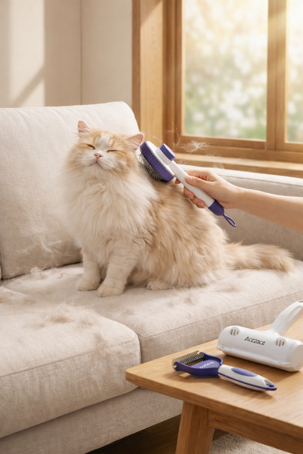 The owner is brushing their cat with a grooming brush.